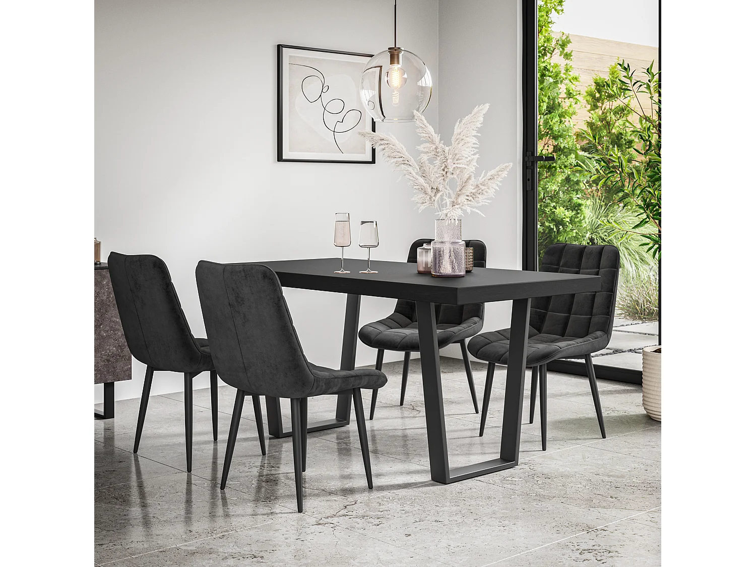 Aria Dining Table And Chairs -  Black Table Top w Black Legs + Nova Velvet Dining Chair Set Of 4