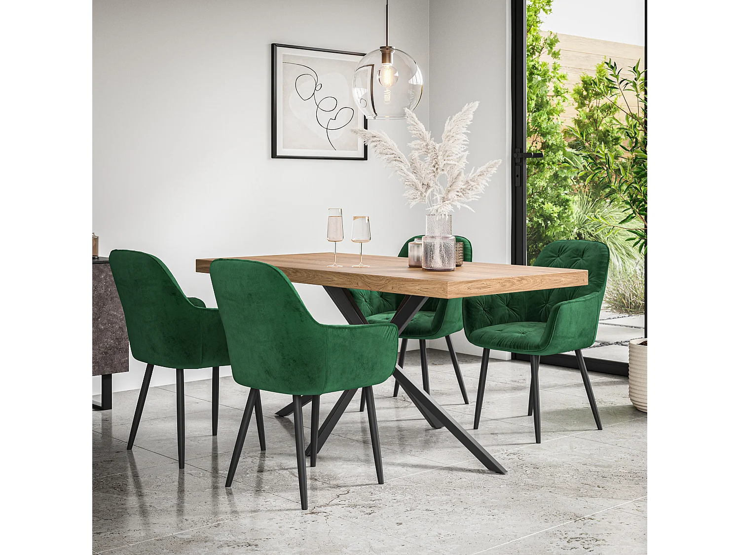 Donni Dining Table And Chairs -  Oak Effect Table Top w Black Legs + Anika Velvet Dining Chair Set Of 4