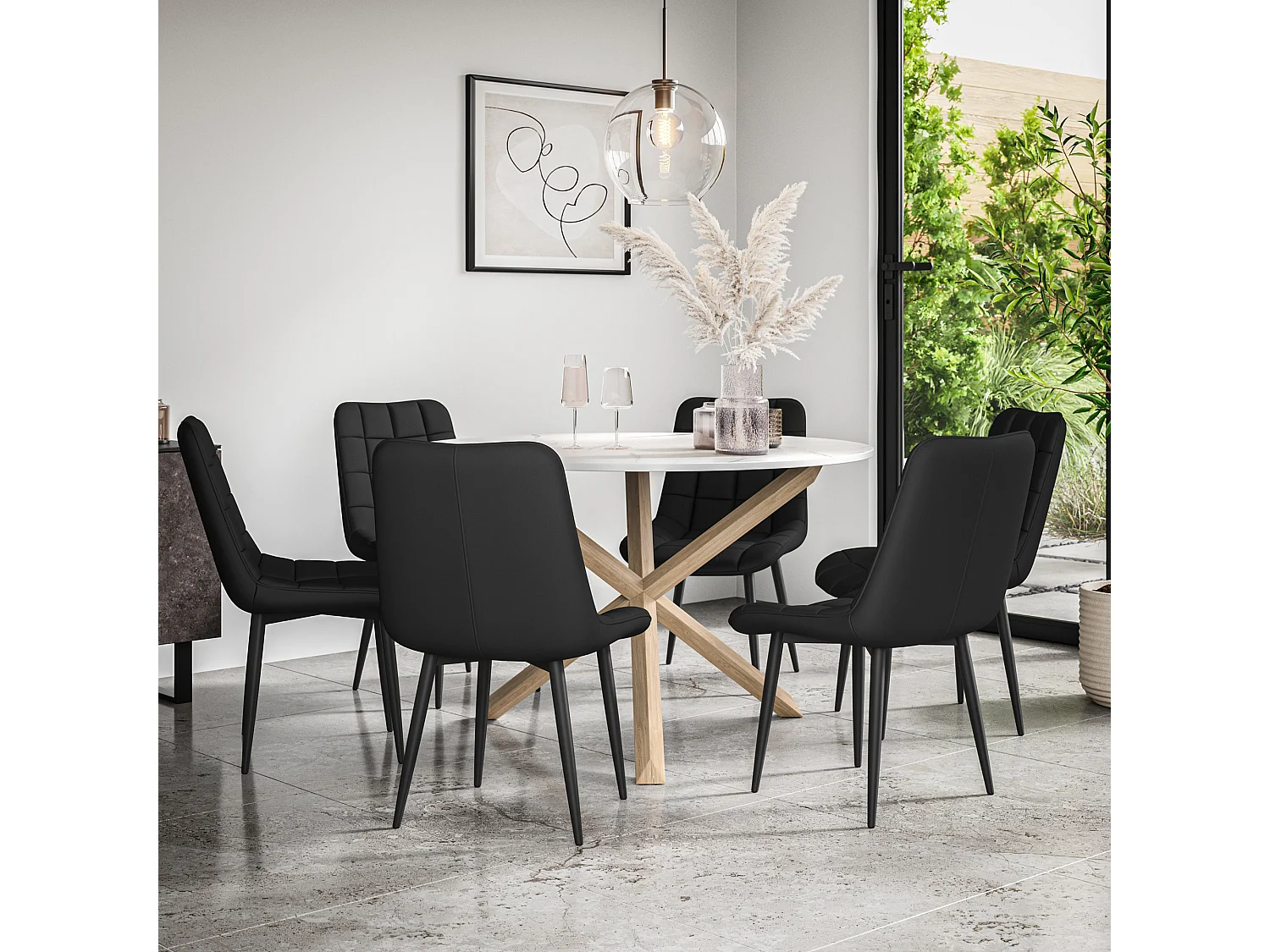 Malvern Round Dining Table And Chairs -  Marble Table Top w Solid Oak Legs + Nova Faux Leather Dining Chair Set Of 6