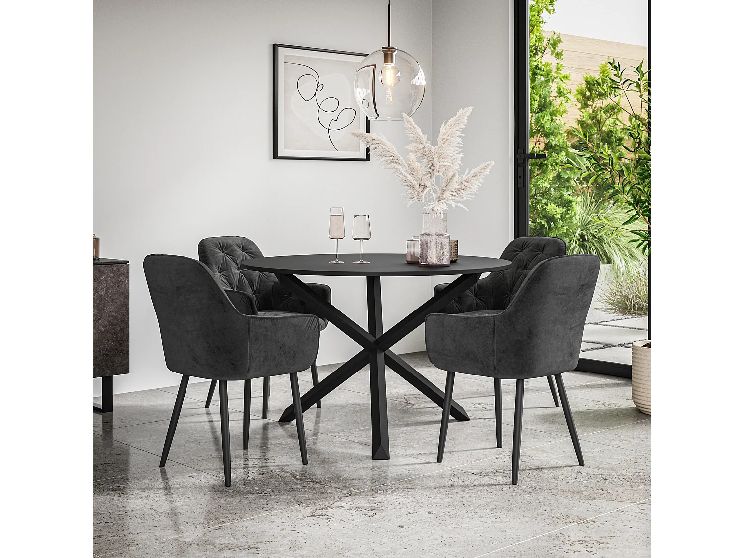 Malvern Round Dining Table And Chairs -  Black Table Top w Solid Oak Black Legs + Anika Velvet Dining Chair Set Of 4