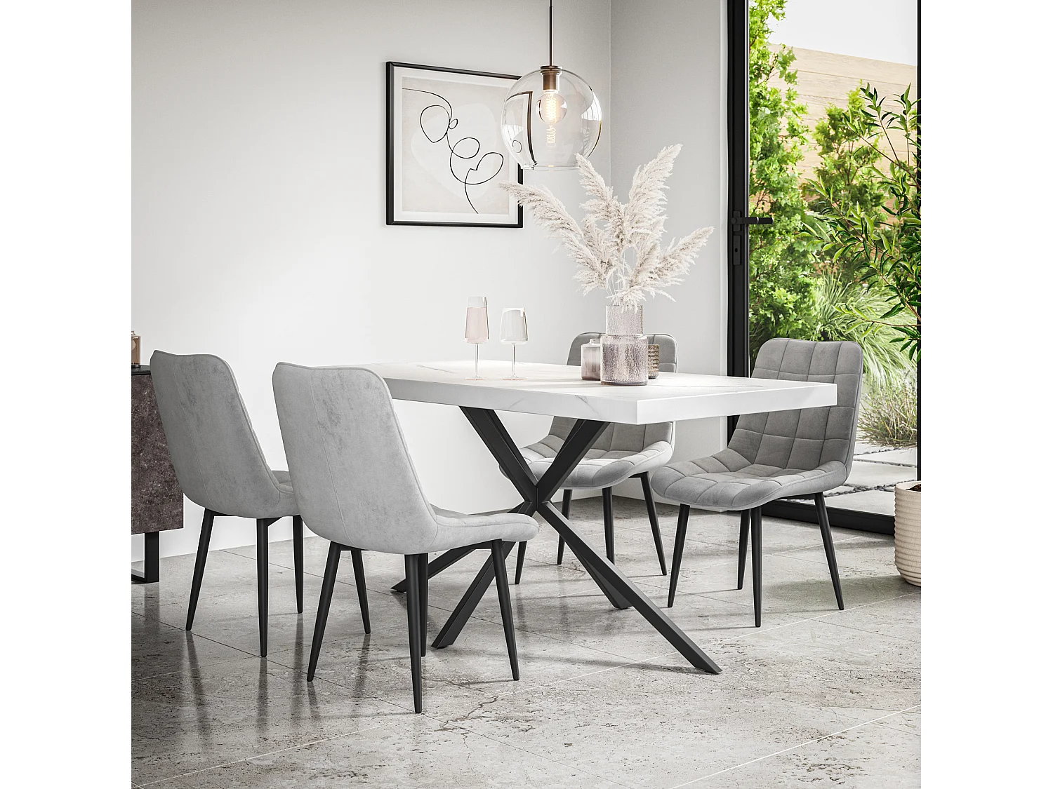 Donni Dining Table And Chairs -  White Marble Effect Table Top w Black Legs + Nova Velvet Dining Chair Set Of 4