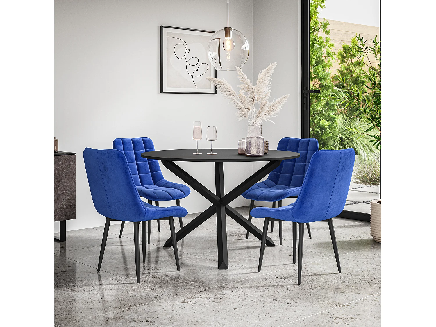 Malvern Round Dining Table And Chairs -  Black Table Top w Solid Oak Black Legs + Nova Velvet Dining Chair Set Of 4