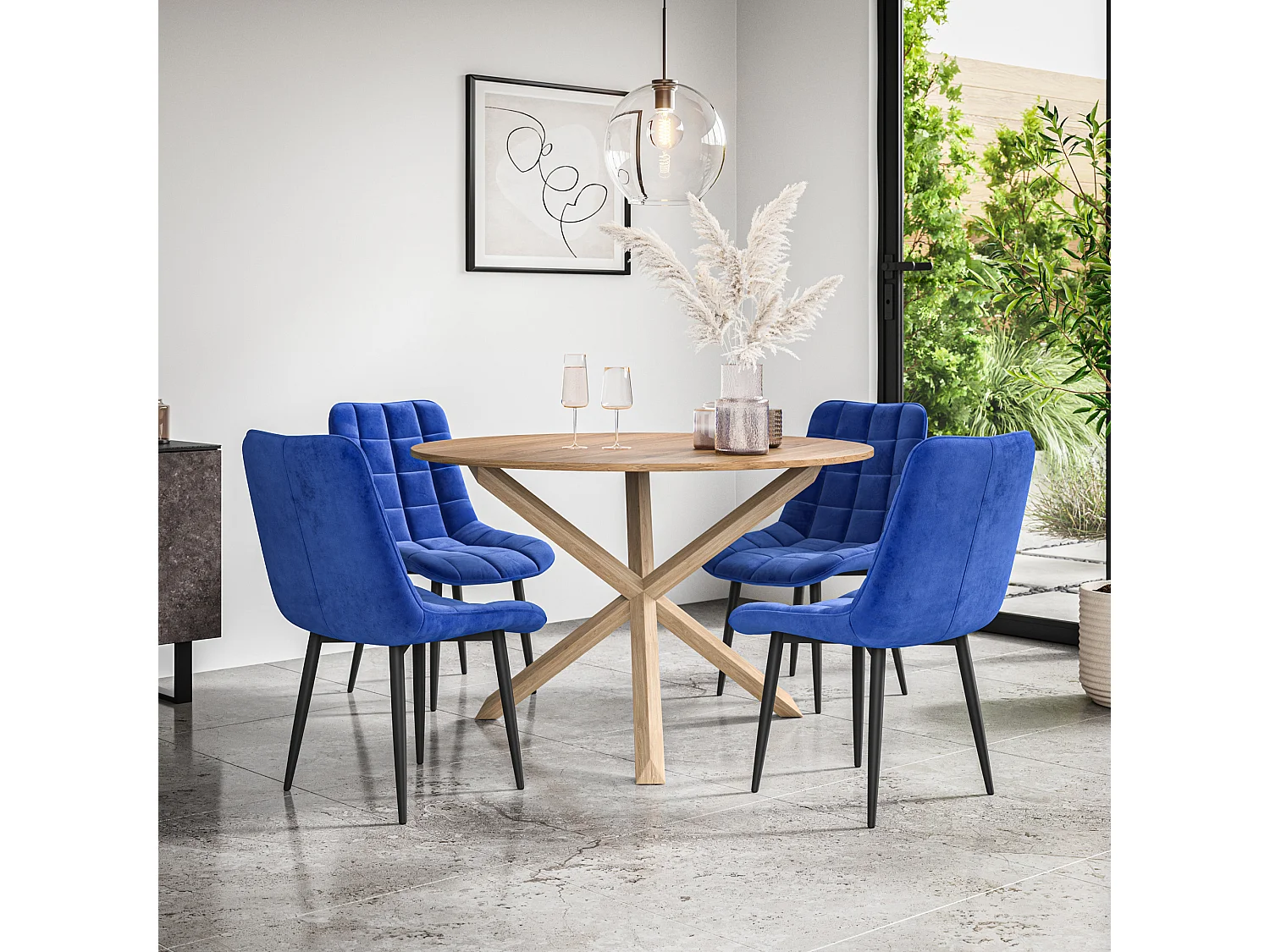 Malvern Round Dining Table And Chairs -  Oak Table Top w Solid Oak Legs + Nova Velvet Dining Chair Set Of 4