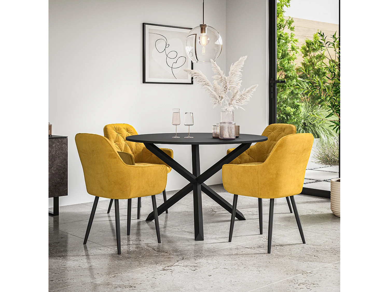 Malvern Round Dining Table And Chairs -  Black Table Top w Solid Oak Black Legs + Anika Velvet Dining Chair Set Of 4