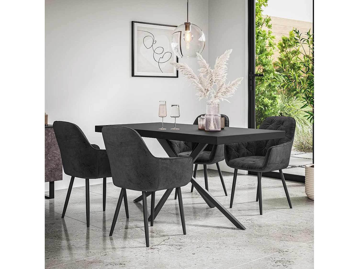 Donni Dining Table And Chairs -  Black Table Top w Black Legs + Anika Velvet Dining Chair  Set Of 6