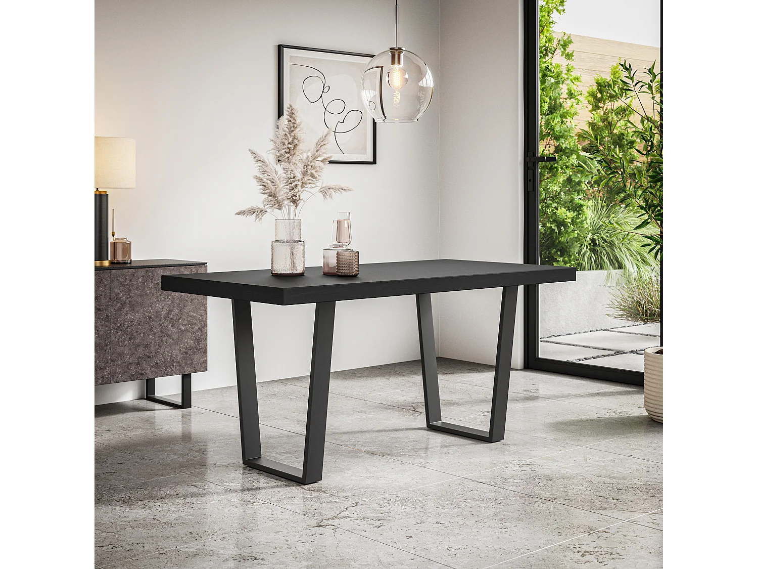 Aria Dining Table And Chairs -  Black Table Top w Black Legs + Nova Faux Leather Dining Chair Set Of 6