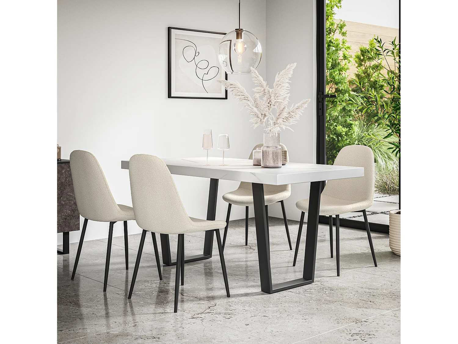 Aria Dining Table And Chairs -  White Marble Effect Table Top w Black Legs + Maya Boucle Dining Chair Set Of 4