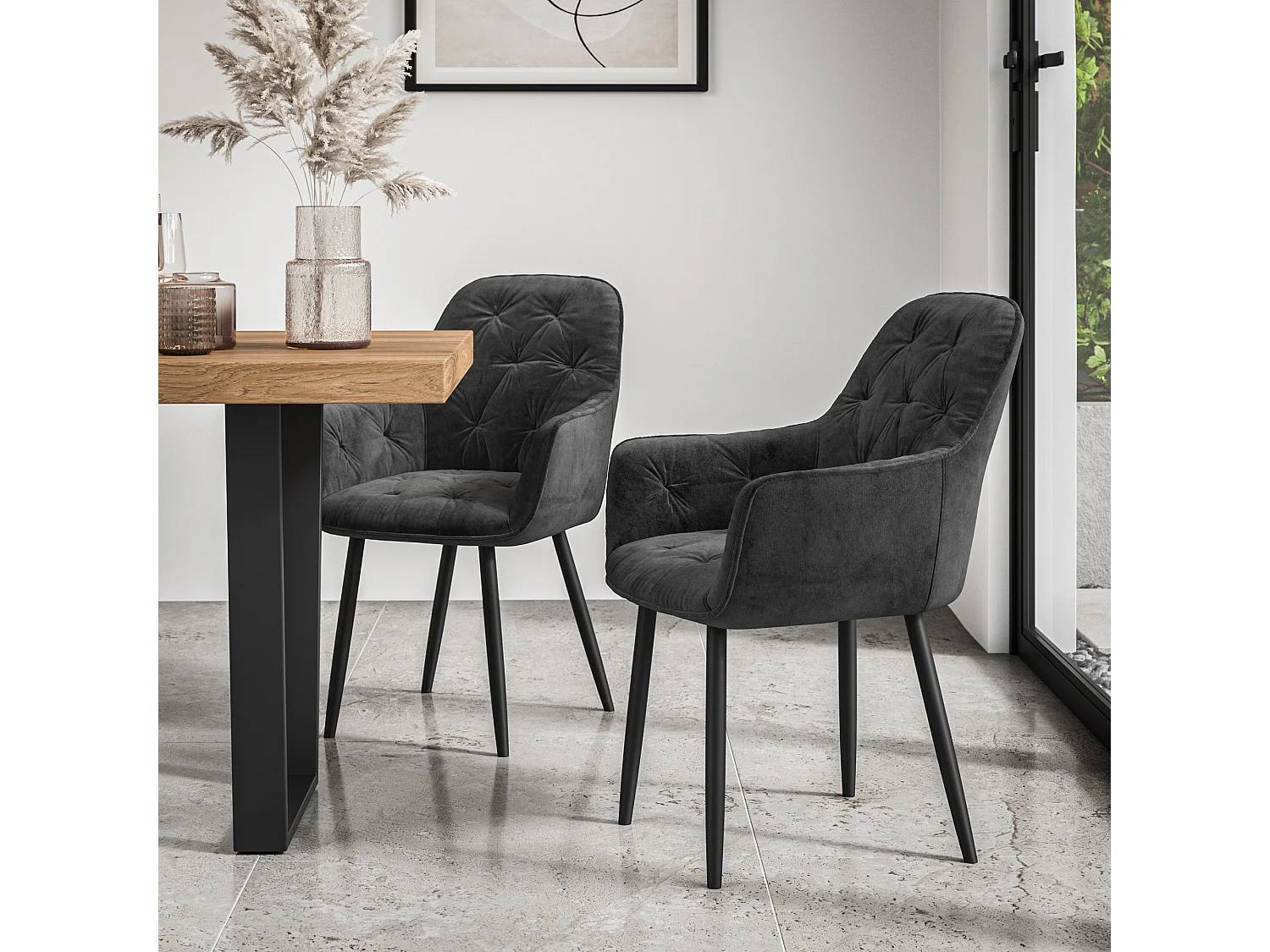 Donni Dining Table And Chairs -  Black Table Top w Black Legs + Anika Velvet Dining Chair Set Of 4