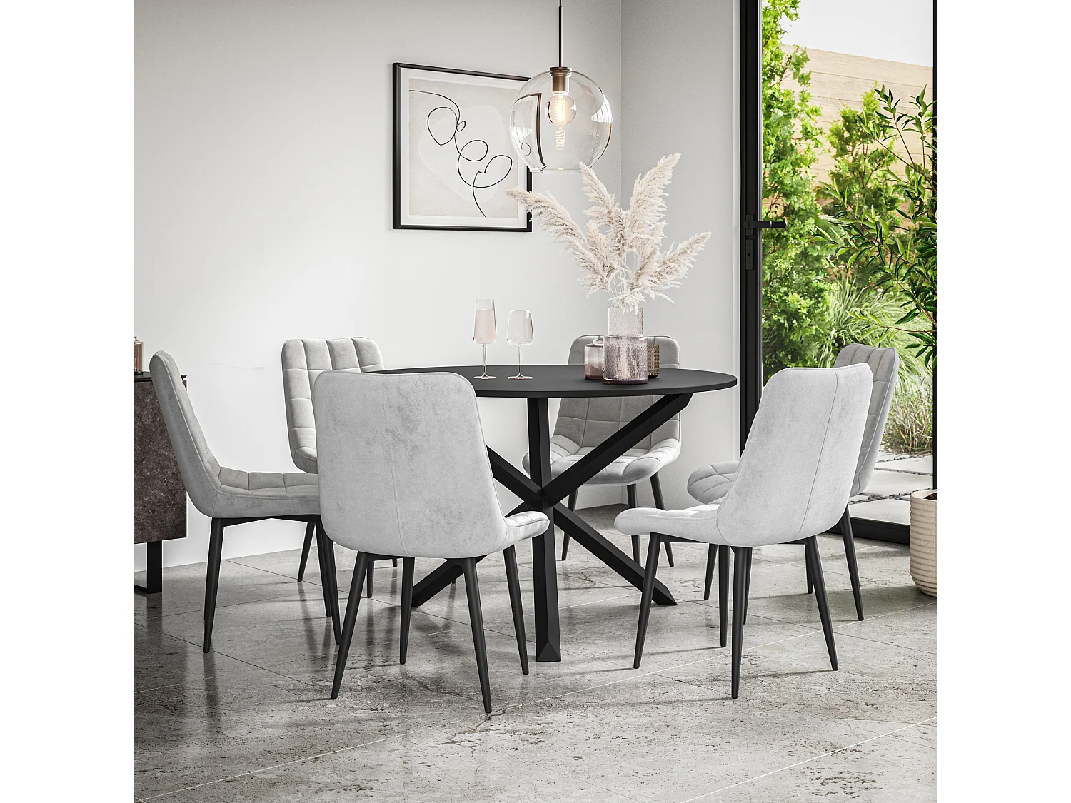 Malvern Round Dining Table And Chairs -  Black Table Top w Solid Oak Black Legs + Nova Velvet Dining Chair Set Of 6