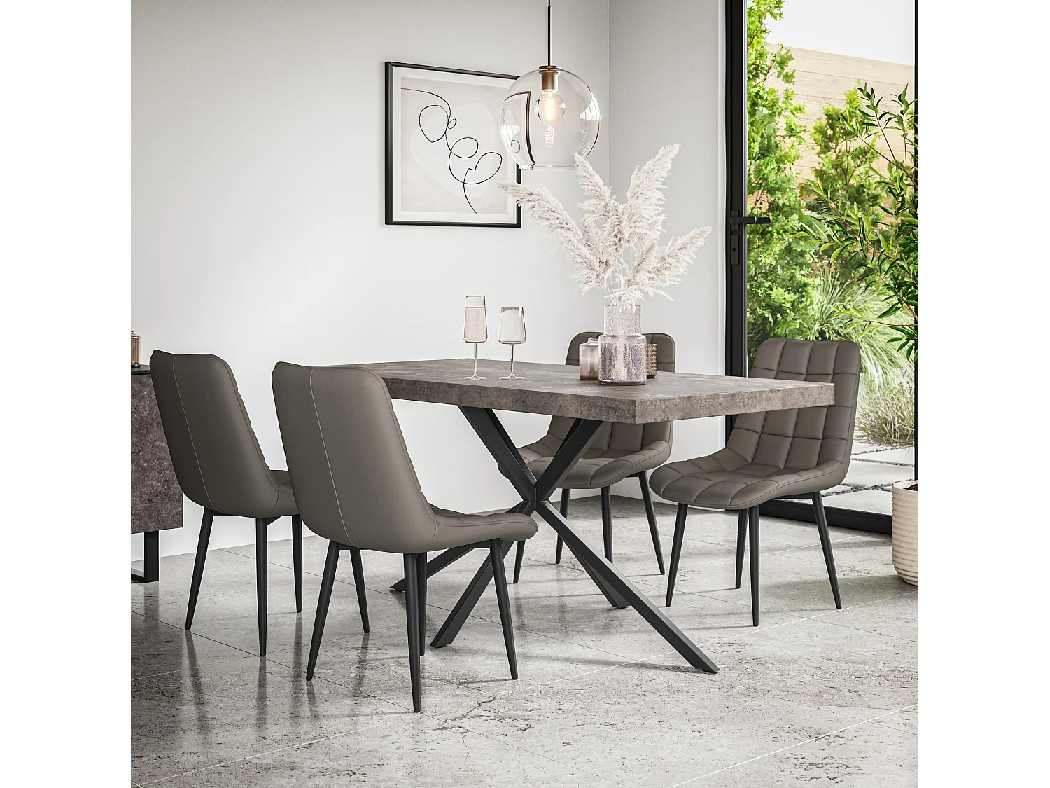 Donni Dining Table And Chairs -  Concrete Effect Table Top w Black Legs + Nova Faux Leather Dining Chair Set Of 4