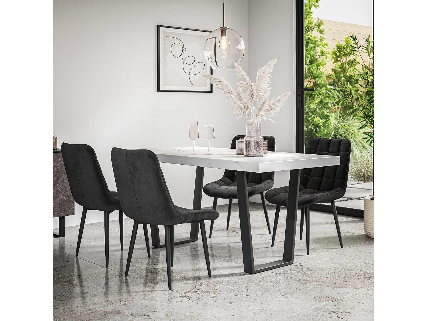 Aria Dining Table And Chairs -  White Marble Effect Table Top w Black Legs + Nova Velvet Dining Chair Set Of 6
