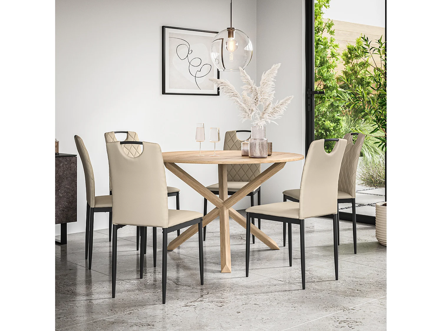 Malvern Round Dining Table And Chairs -  Oak Table Top w Solid Oak Legs + Monza Faux Leather Dining Chair Set Of 6