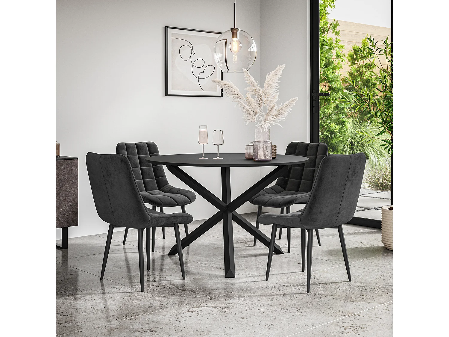 Malvern Round Dining Table And Chairs -  Black Table Top w Solid Oak Black Legs + Nova Velvet Dining Chair Set Of 4