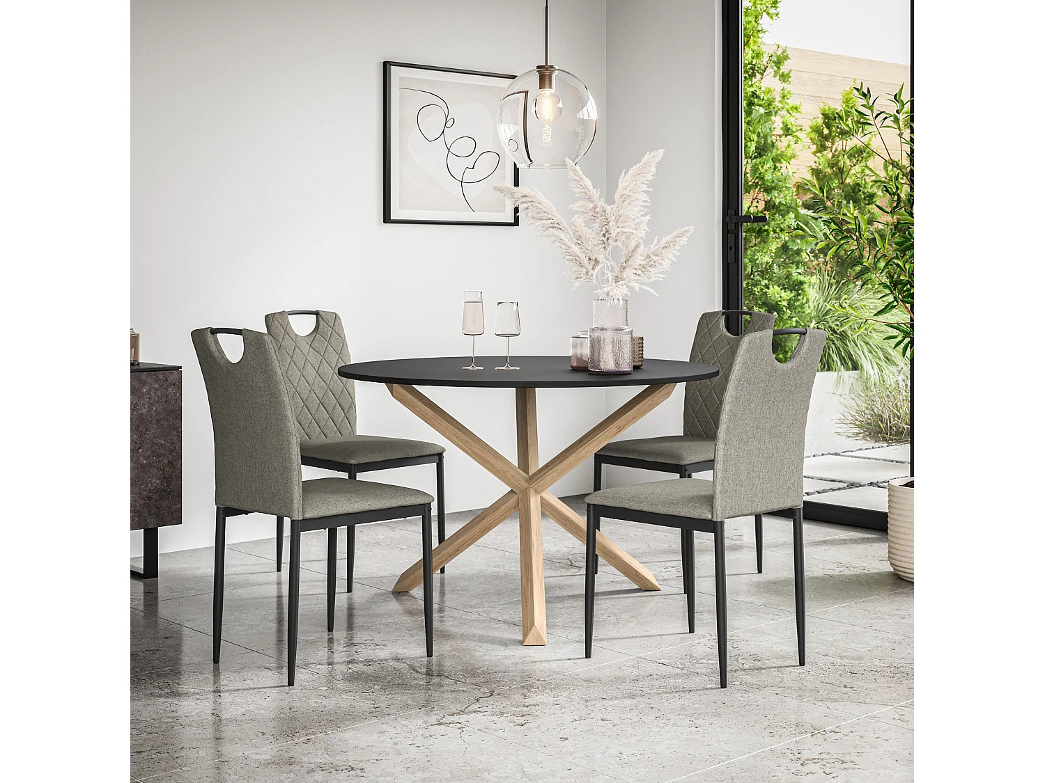 Malvern Round Dining Table And Chairs -  Black Table Top w Solid Oak Legs + Monza Fabric Dining Chair Set Of 4