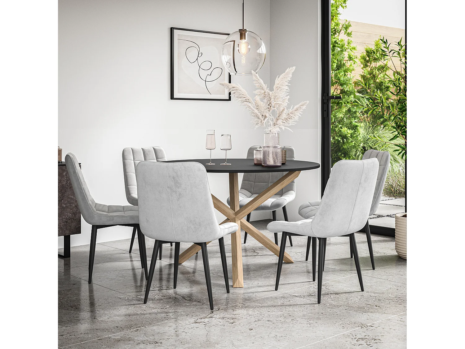 Malvern Round Dining Table And Chairs -  Black Table Top w Solid Oak Legs + Nova Velvet Dining Chair Set Of 6