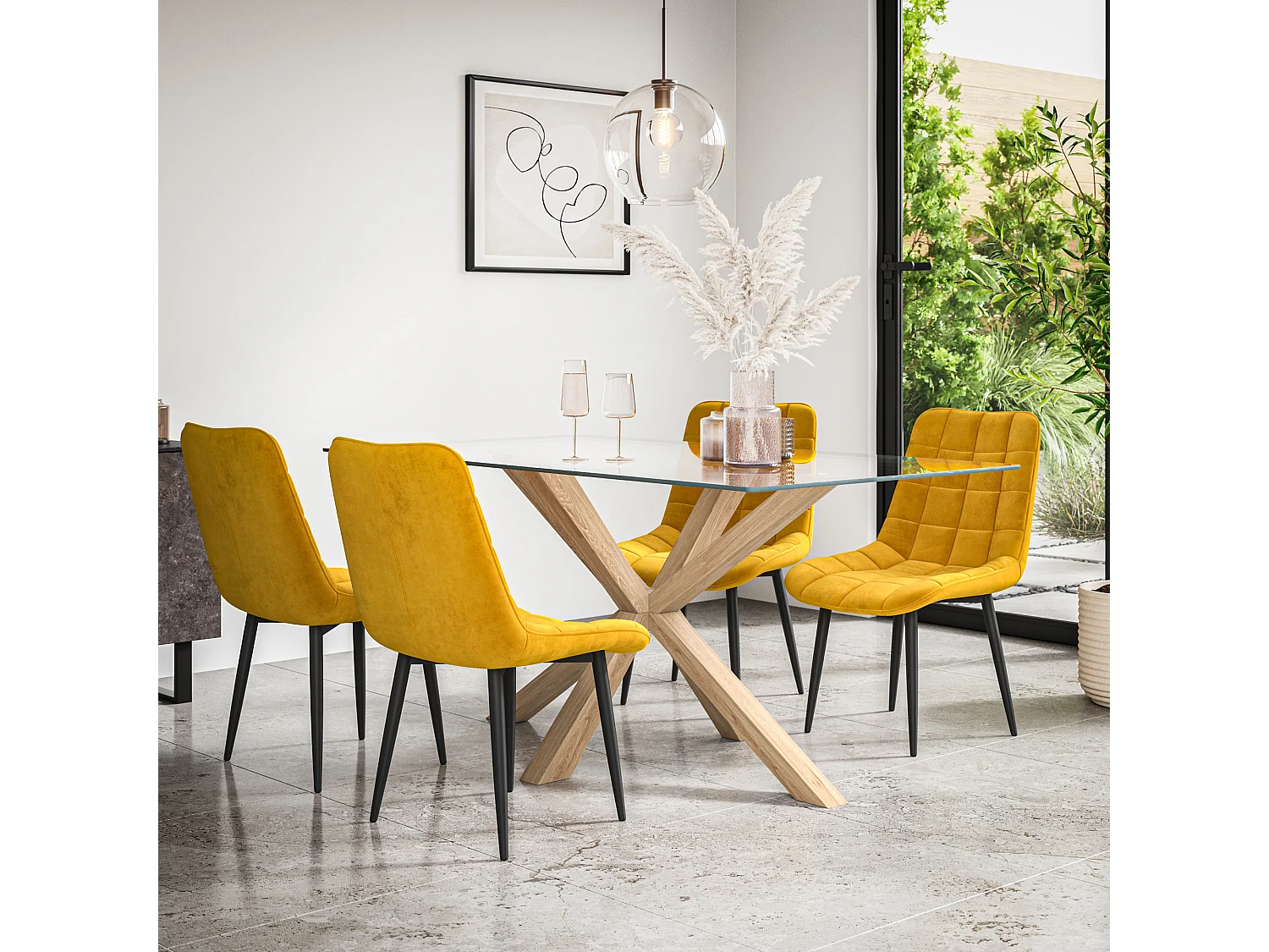 Etta Glass Dining Table And Chairs - Glass Top w Solid Oak Legs + Nova Velvet Dining Chair Set Of 4