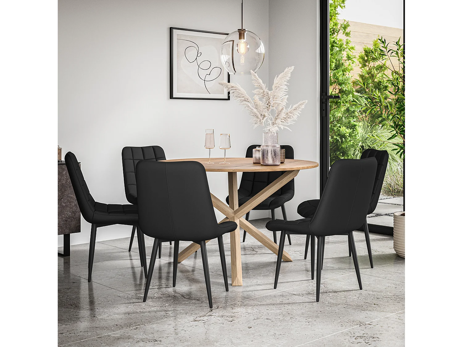 Malvern Round Dining Table And Chairs -  Oak Table Top w Solid Oak Legs + Nova Faux Leather Dining Chair Set Of 6