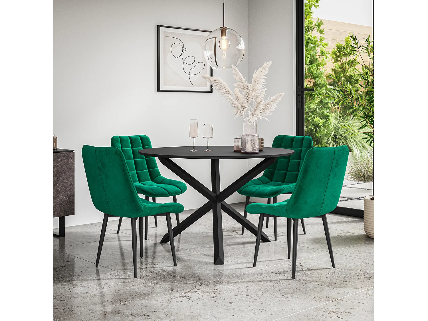 Malvern Round Dining Table And Chairs -  Black Table Top w Solid Oak Black Legs + Nova Velvet Dining Chair Set Of 4