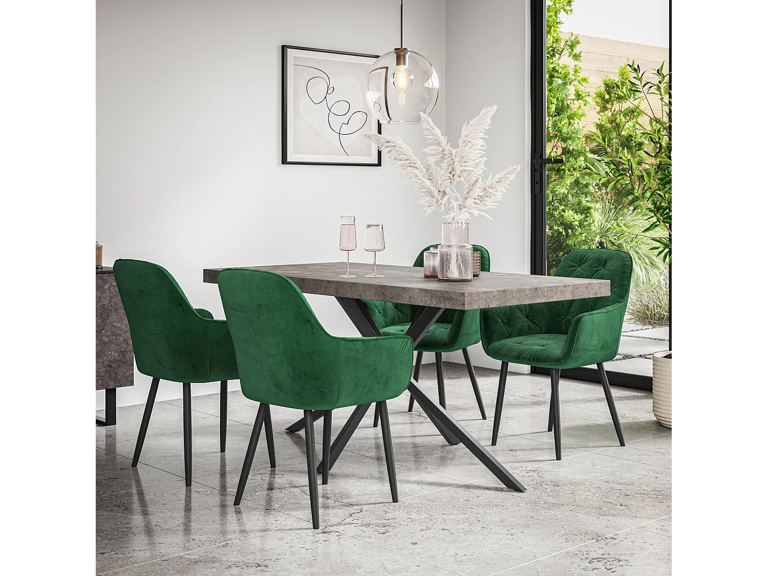 Donni Dining Table And Chairs -  Concrete Effect Table Top w Black Legs + Anika Velvet Dining Chair Set Of 4