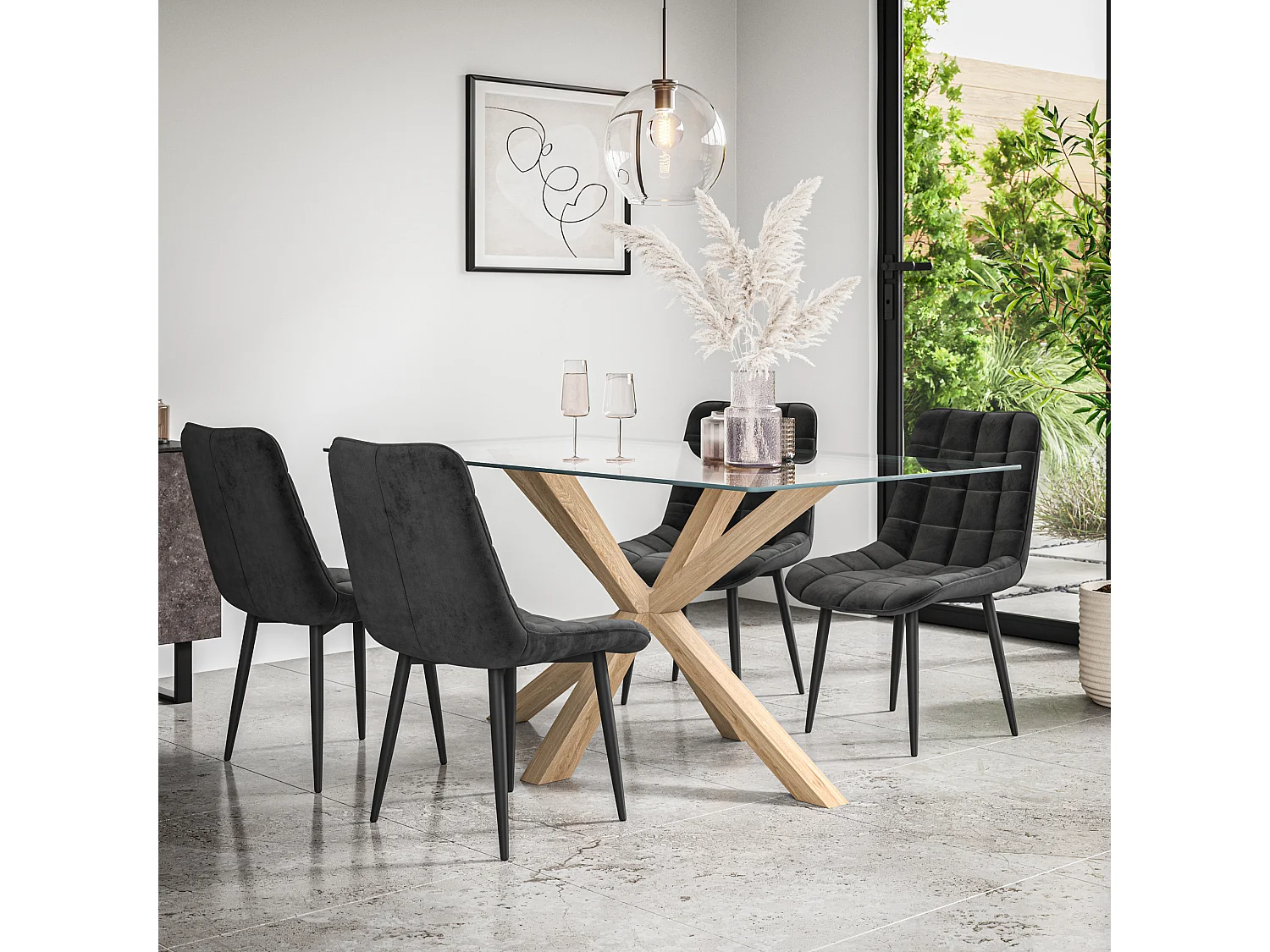 Etta Glass Dining Table And Chairs - Glass Top w Solid Oak Legs + Nova Velvet Dining Chair Set Of 4
