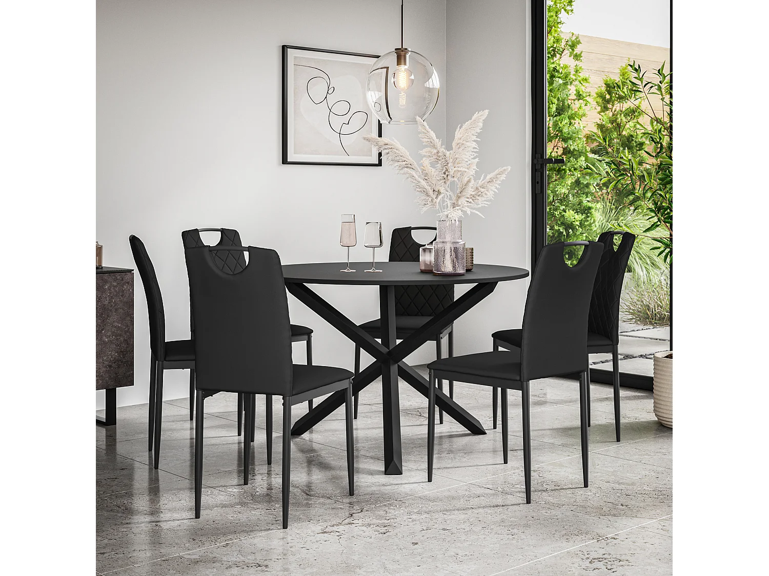 Malvern Round Dining Table And Chairs -  Black Table Top w Solid Oak Black Legs + Monza Faux Leather Dining Chair Set Of 6