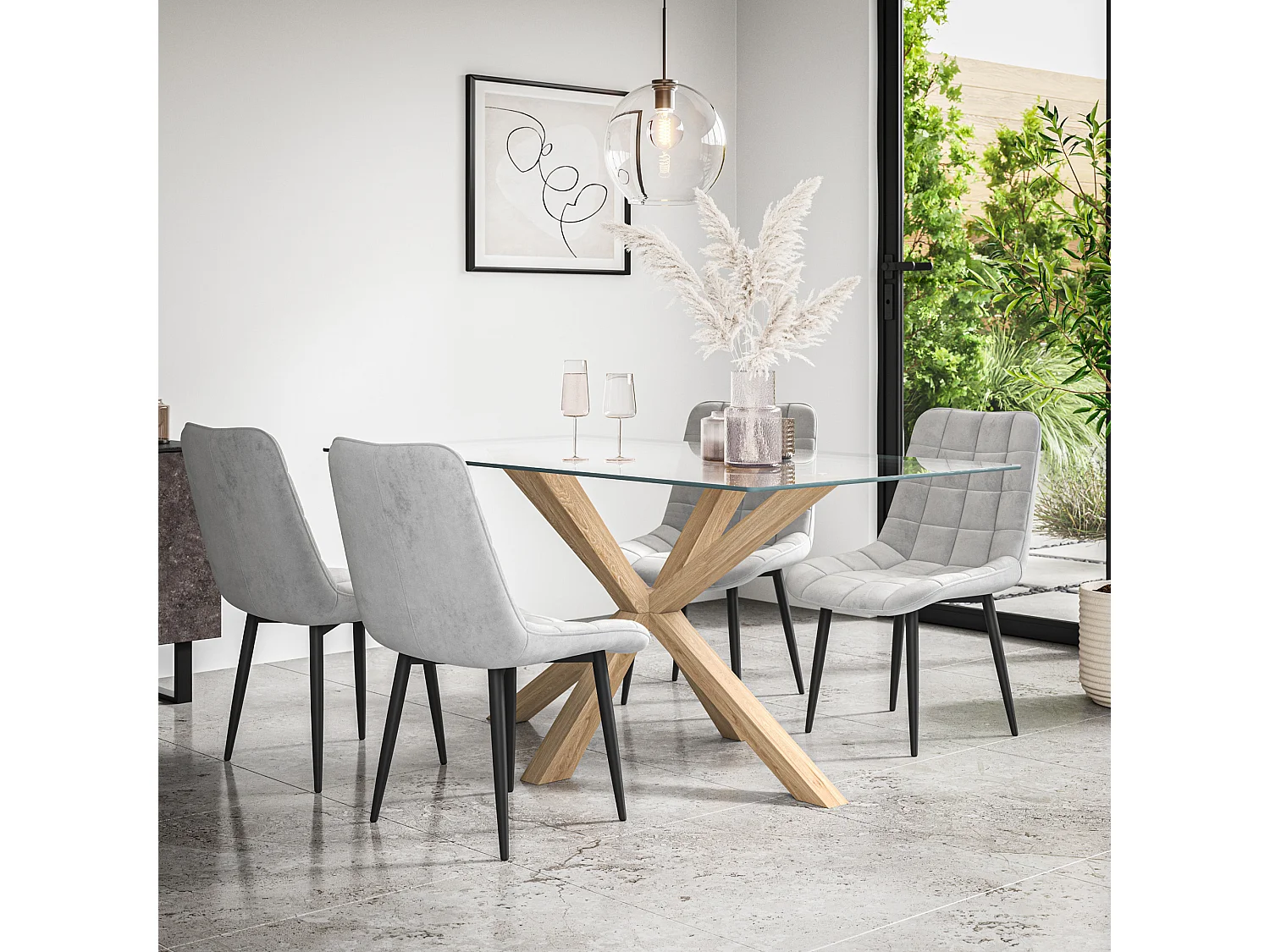 Etta Glass Dining Table And Chairs - Glass Top w Solid Oak Legs + Nova Velvet Dining Chair Set Of 6