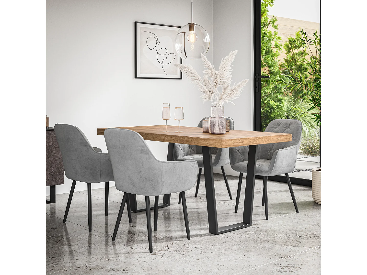 Aria Dining Table And Chairs -  Oak Effect Table Top w Black Legs + Anika Velvet Dining Chair Set Of 6