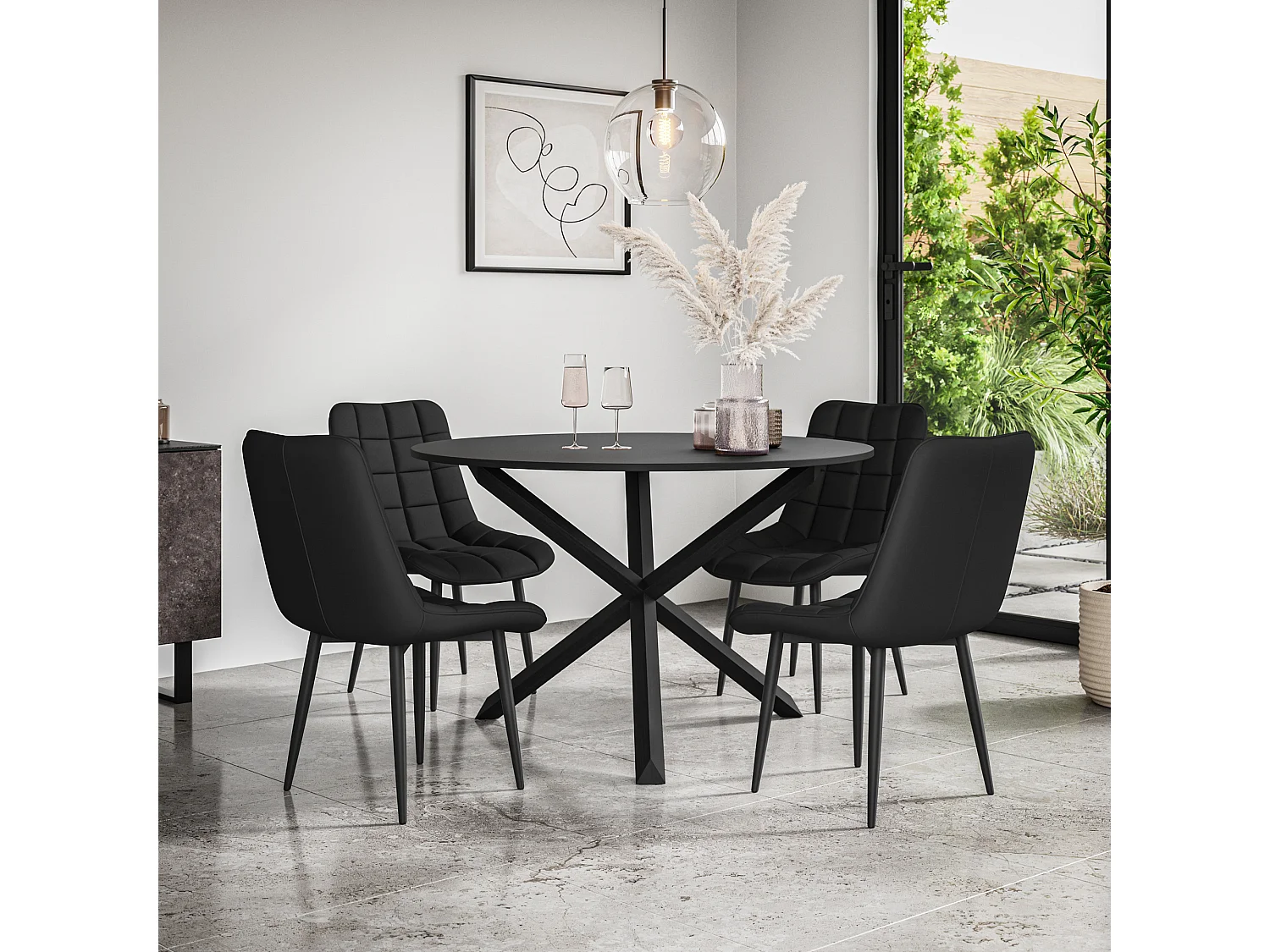 Malvern Round Dining Table And Chairs -  Black Table Top w Solid Oak Black Legs + Nova Faux Leather Dining Chair Set Of 4
