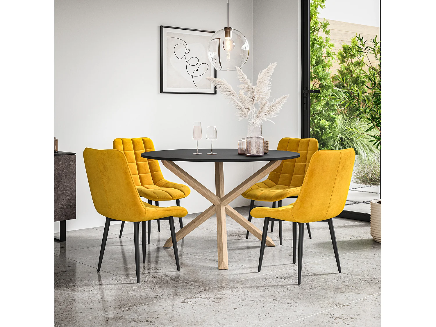 Malvern Round Dining Table And Chairs -  Black Table Top w Solid Oak Legs + Nova Velvet Dining Chair Set Of 4