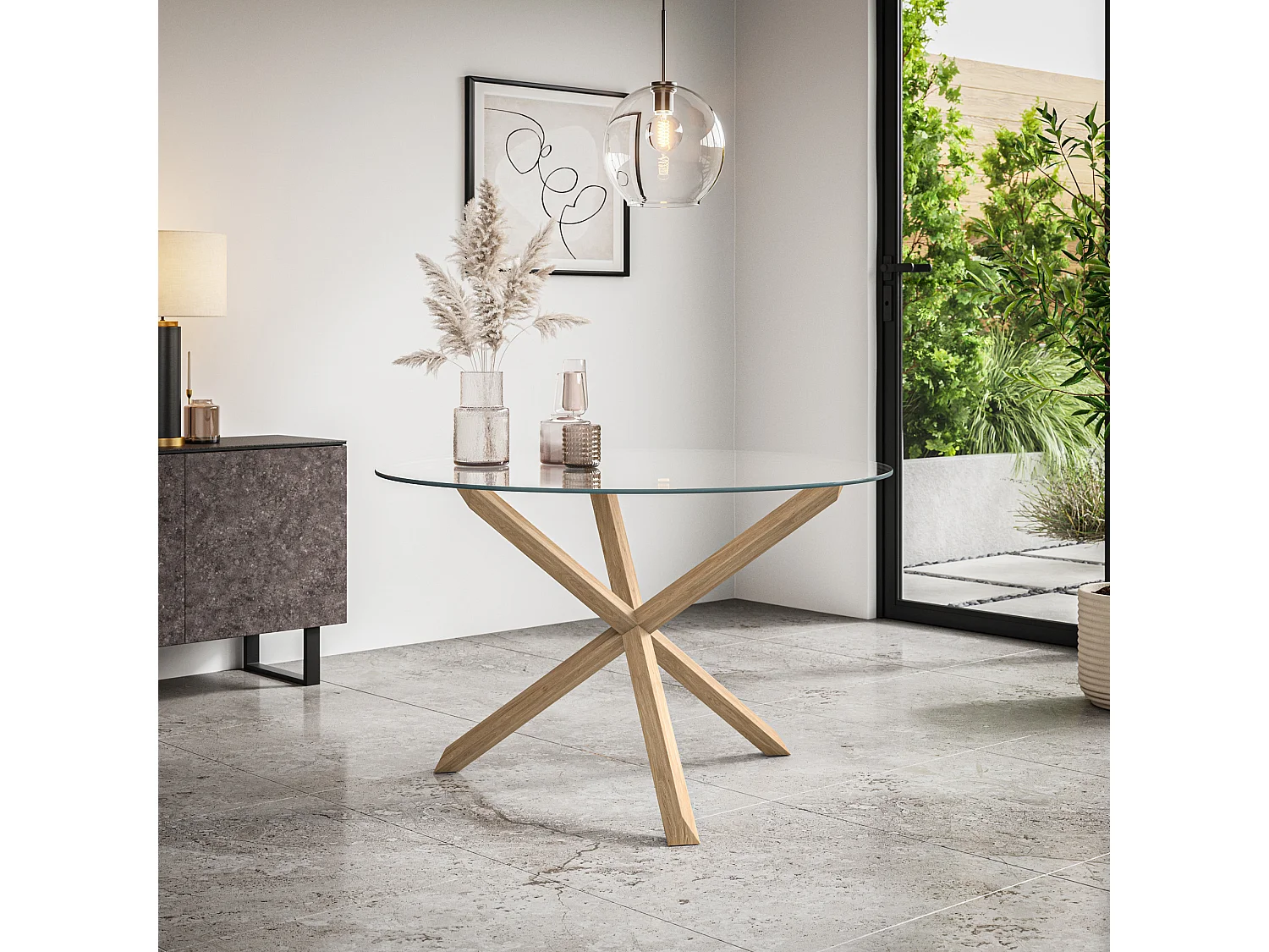 Malvern Round Dining Table And Chairs -  Clear Glass Table Top w Solid Oak Legs + Nova Velvet Dining Chair Set Of 6