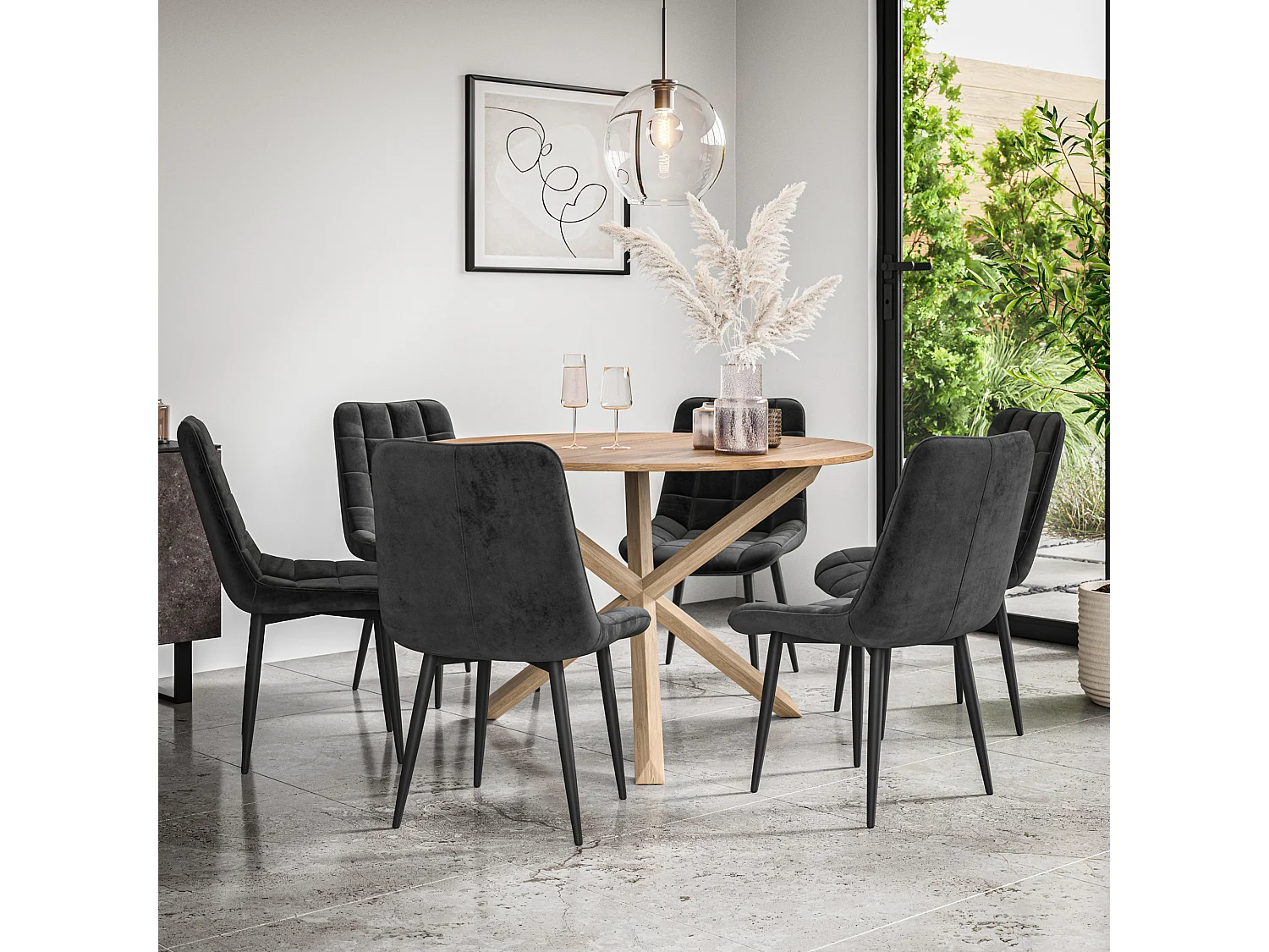 Malvern Round Dining Table And Chairs -  Oak Table Top w Solid Oak Legs + Nova Velvet Dining Chair Set Of 6