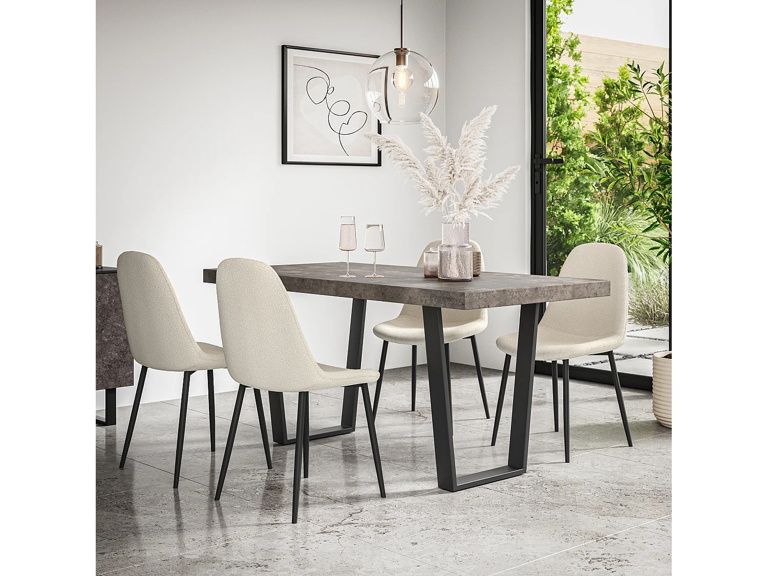 Aria Dining Table And Chairs -  Concrete Effect Table Top w Black Legs + Maya Boucle Dining Chair Set Of 4