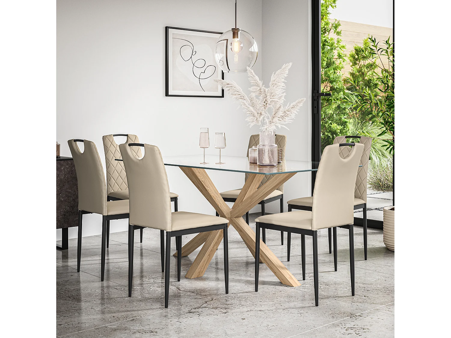 Etta Glass Dining Table And Chairs - Glass Top w Solid Oak Legs + Monza Faux Leather Dining Chair Set Of 6