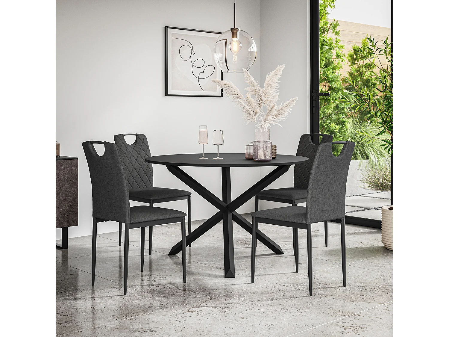 Malvern Round Dining Table And Chairs -  Black Table Top w Solid Oak Black Legs + Monza Fabric Dining Chair Set Of 4