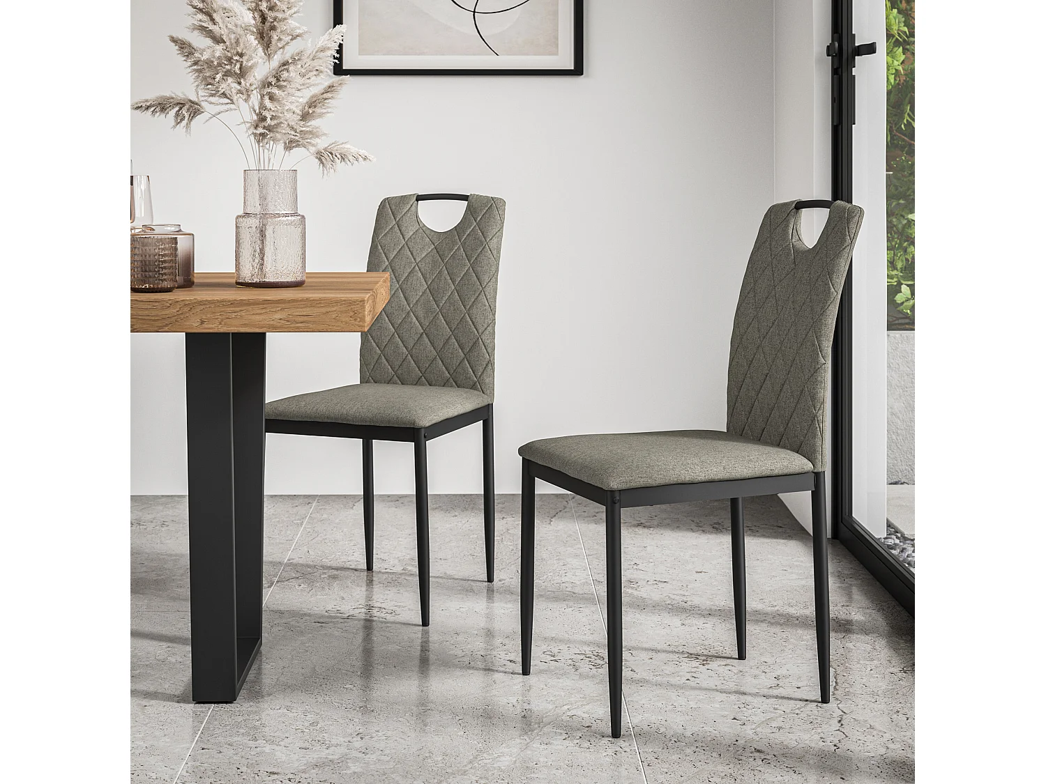 Malvern Round Dining Table And Chairs -  Marble Table Top w Solid Oak Legs + Monza Fabric Dining Chair Set Of 4