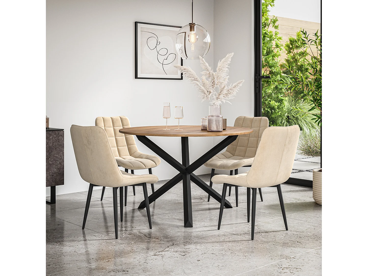 Malvern Round Dining Table And Chairs -  Oak Table Top w Solid Oak Black Legs + Nova Velvet Dining Chair Set Of 4