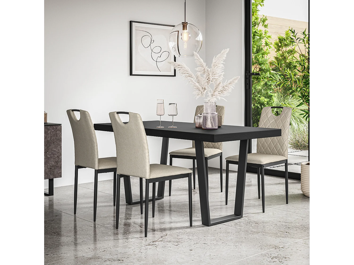 Aria Dining Table And Chairs -  Black Table Top w Black Legs + Monza Linen Dining Chair Set Of 4