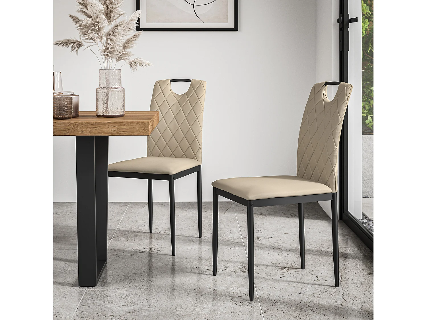 Etta Glass Dining Table And Chairs - Glass Top w Solid Oak Legs + Monza Faux Leather Dining Chair Set Of 4
