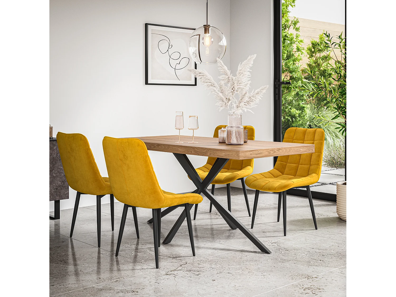 Donni Dining Table And Chairs -  Oak Effect Table Top w Black Legs + Nova Velvet Dining Chair Set Of 4