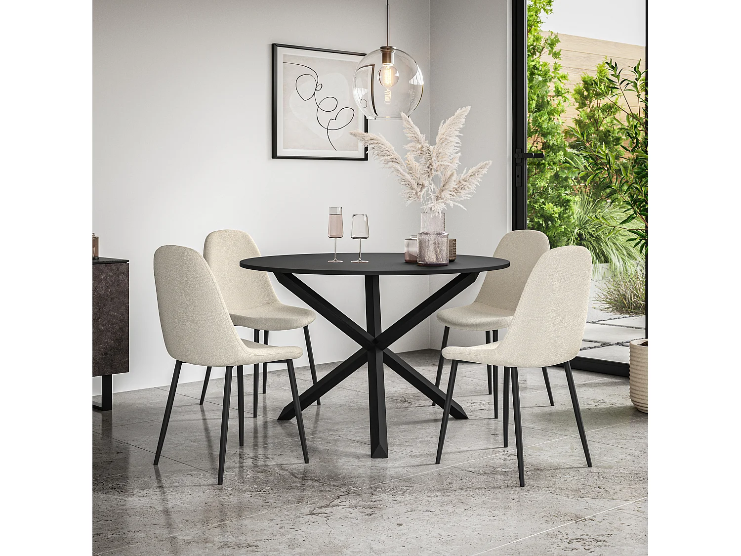 Malvern Round Dining Table And Chairs -  Black Table Top w Solid Oak Black Legs + Maya Boucle Dining Chair Set Of 4