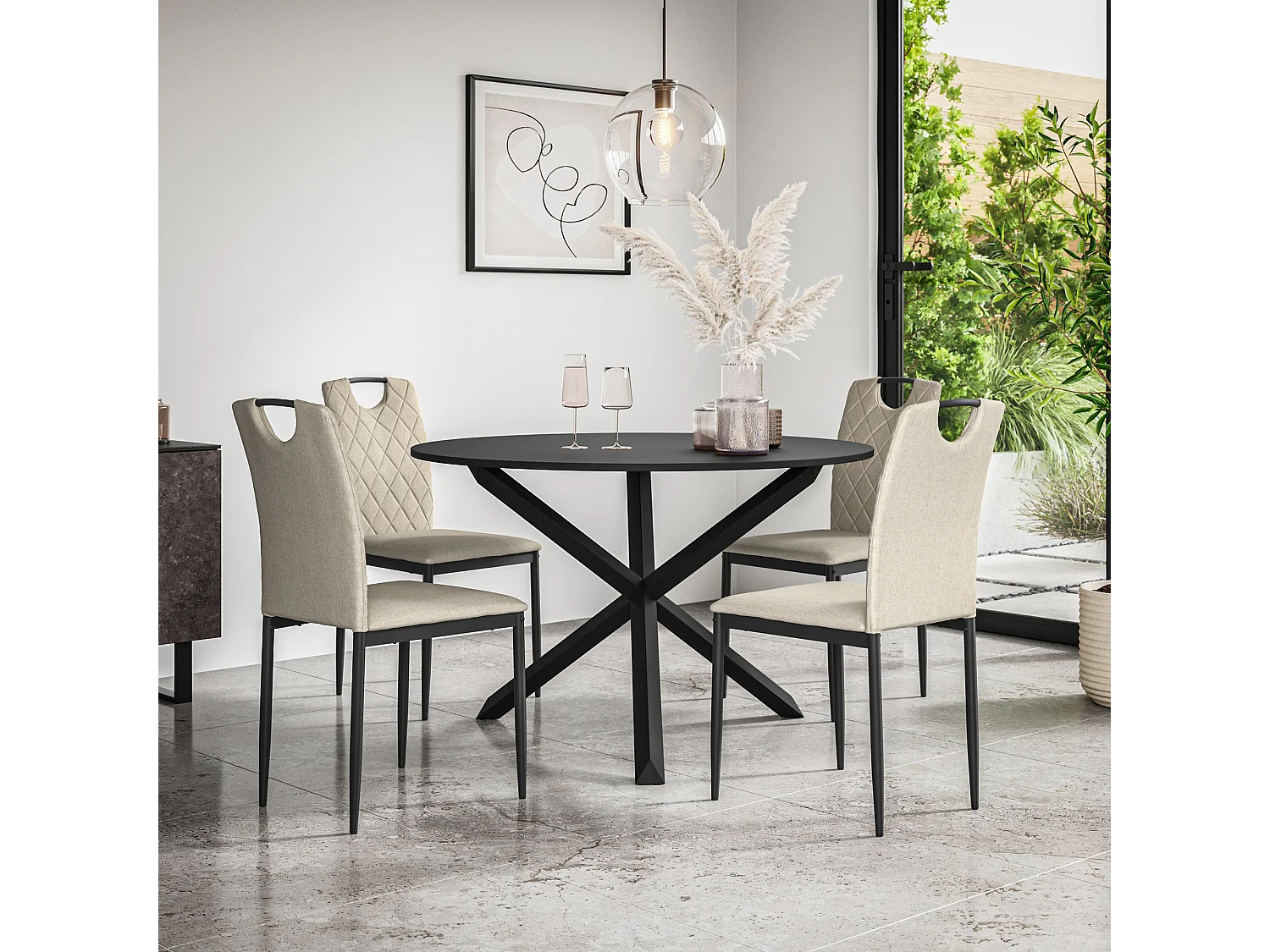 Malvern Round Dining Table And Chairs -  Black Table Top w Solid Oak Black Legs + Monza Fabric Dining Chair Set Of 4