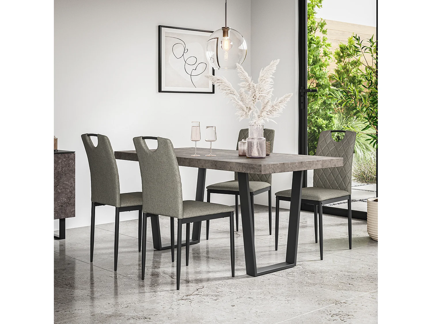 Aria Dining Table And Chairs -  Concrete Effect Table Top w Black Legs + Monza Linen Dining Chair Set Of 4