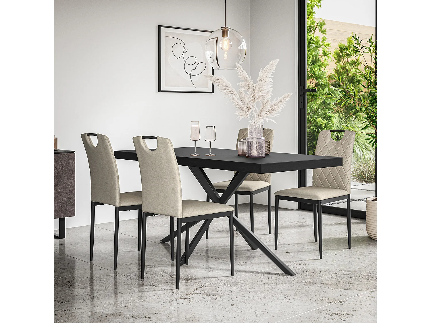 Donni Dining Table And Chairs -  Black Table Top w Black Legs + Monza Linen Dining Chair Set Of 6