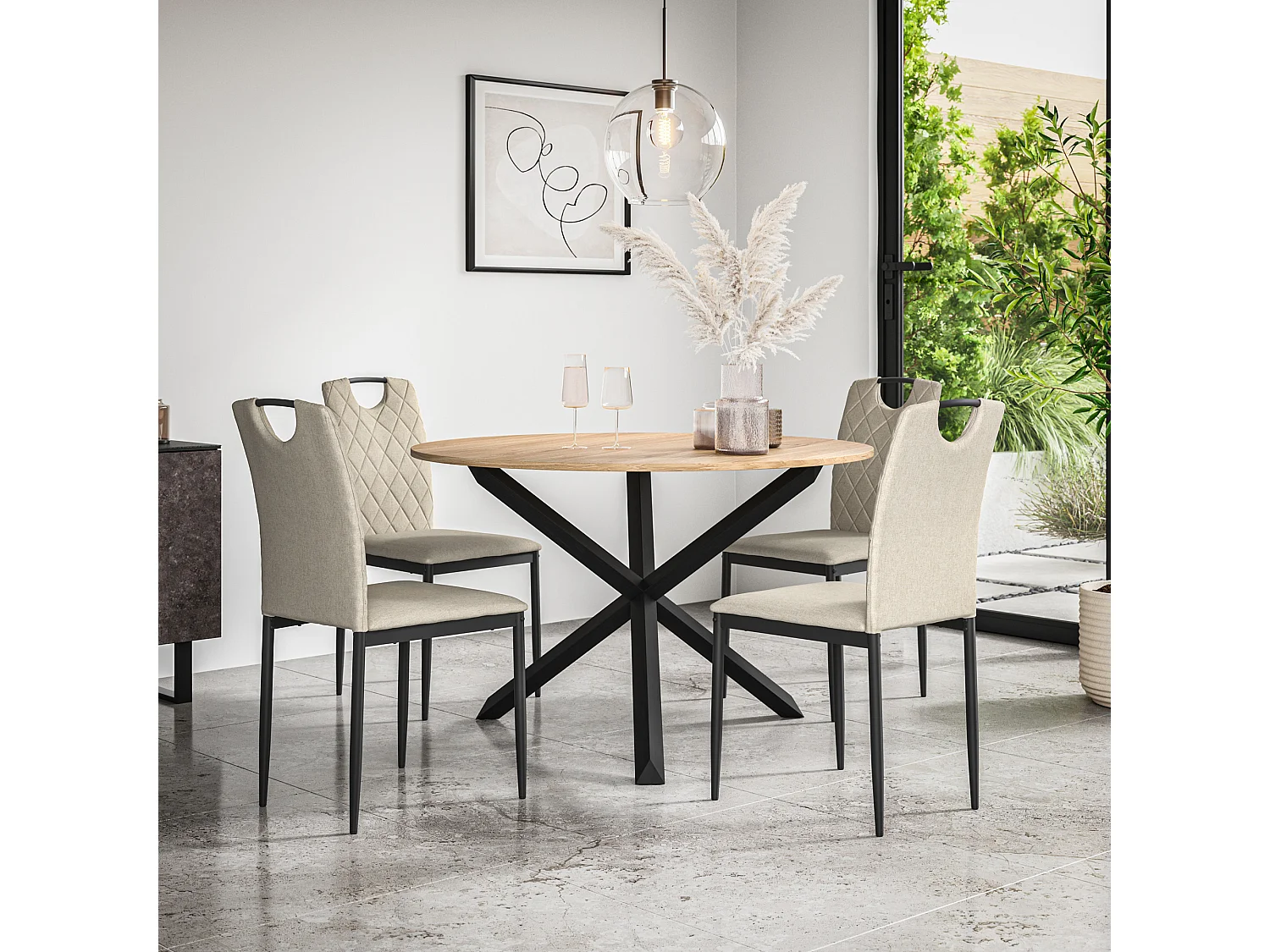 Malvern Round Dining Table And Chairs -  Oak Table Top w Solid Oak Black Legs + Monza Fabric Dining Chair Set Of 4