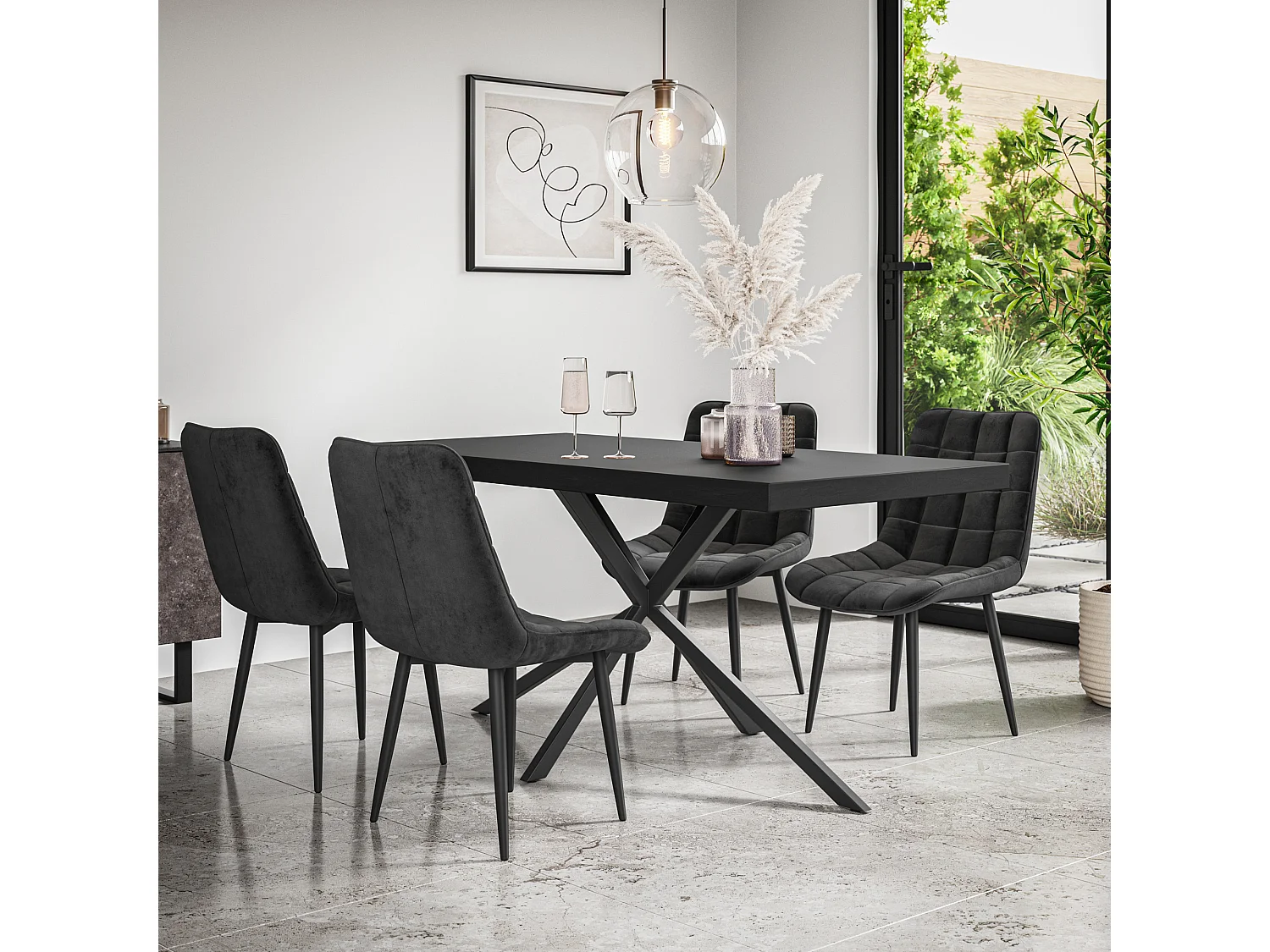 Donni Dining Table And Chairs -  Black Table Top w Black Legs + Nova Velvet Dining Chair Set Of 4