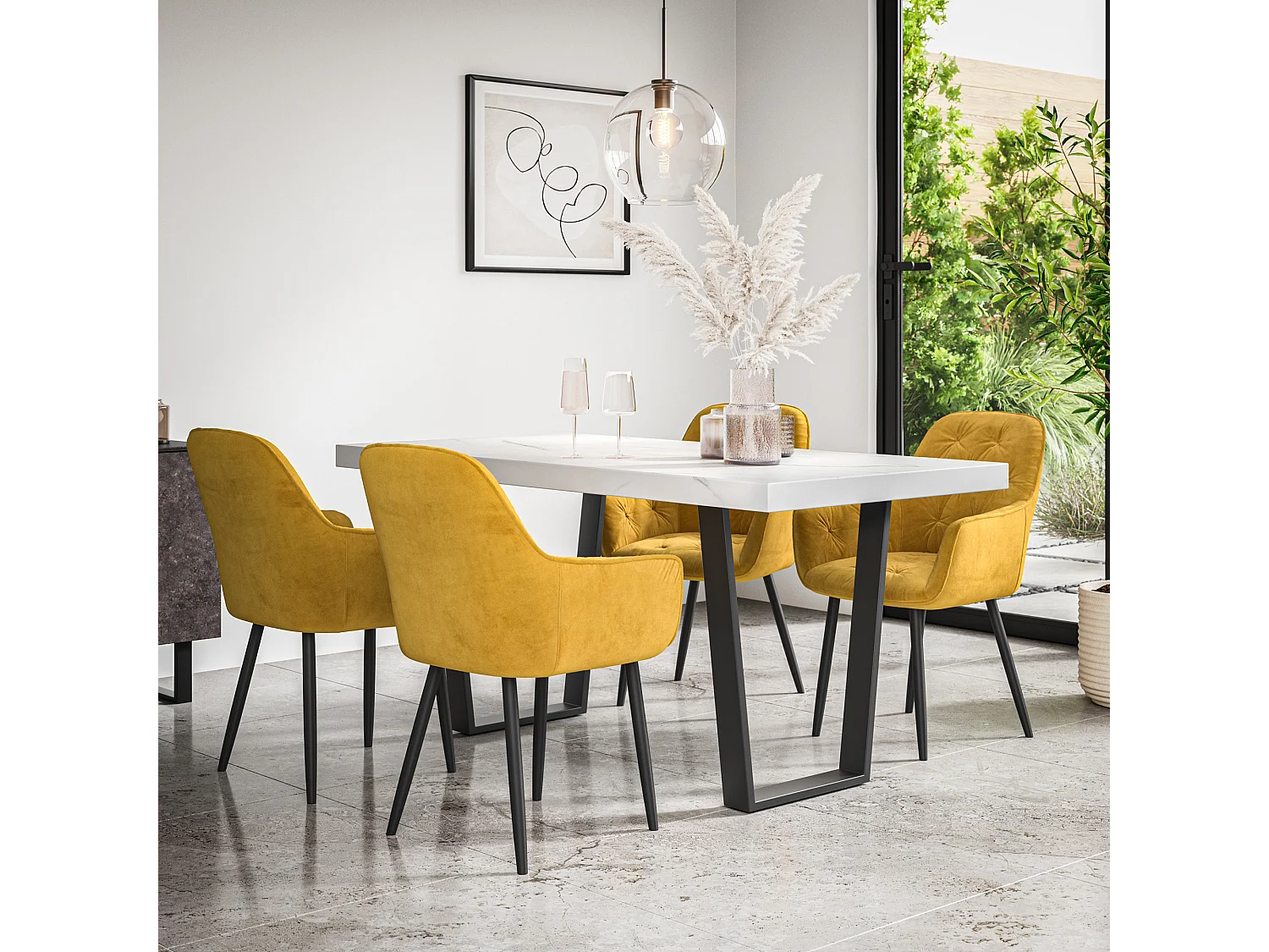 Aria Dining Table And Chairs -  White Marble Effect Table Top w Black Legs + Anika Velvet Dining Chair Set Of 4