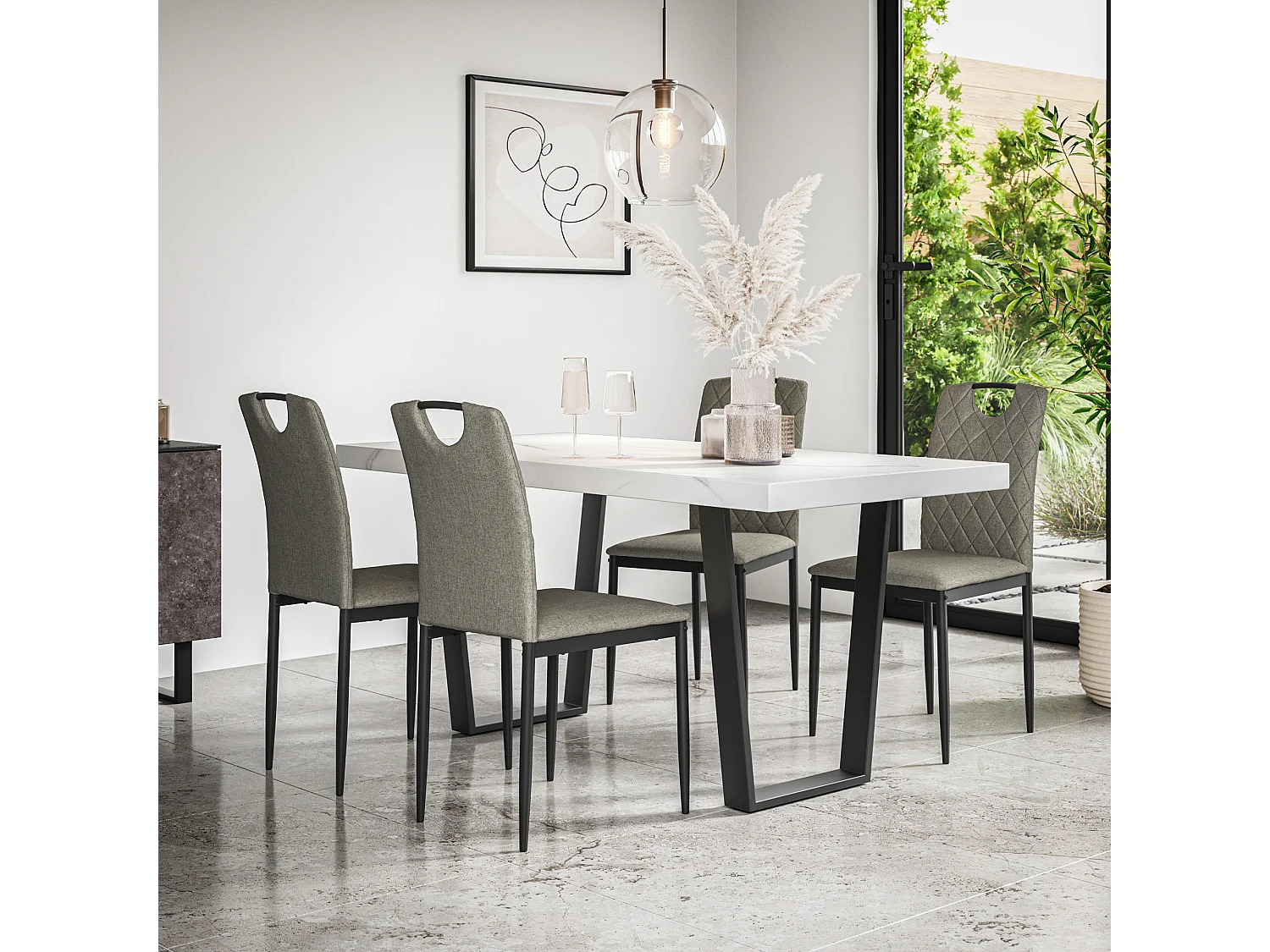 Aria Dining Table And Chairs -  White Marble Effect Table Top w Black Legs + Monza Linen Dining Chair Set Of 4