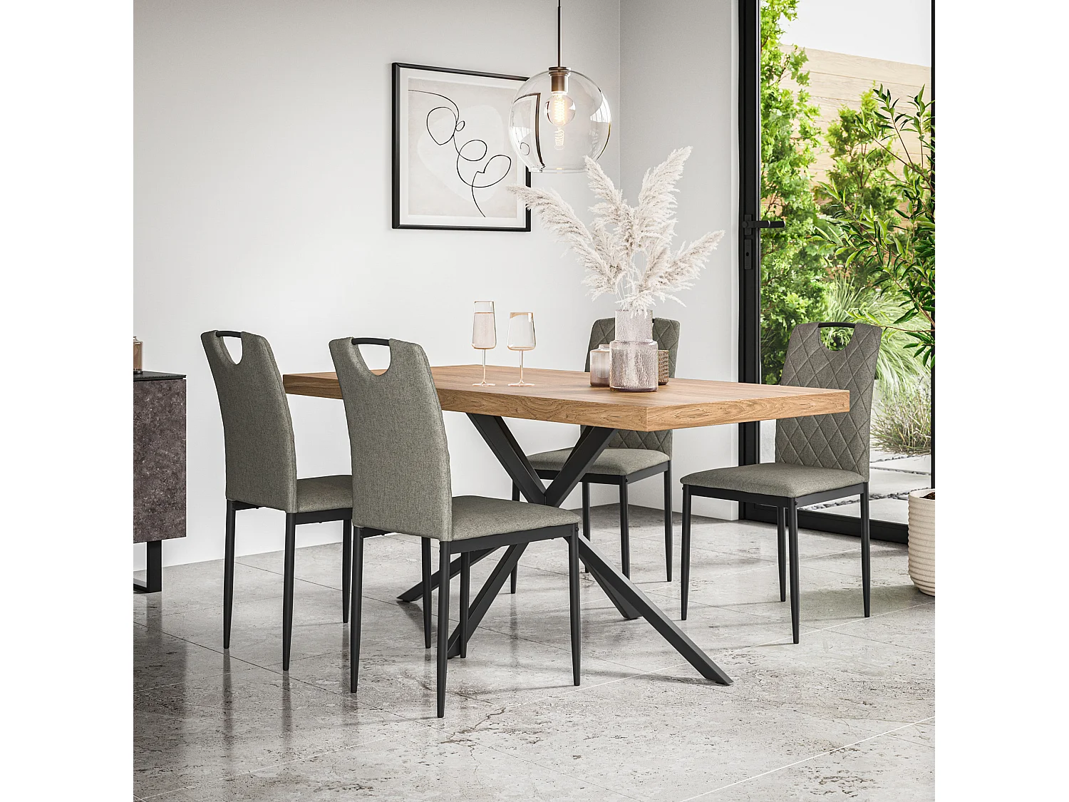 Donni Dining Table And Chairs -  Oak Effect Table Top w Black Legs + Monza Linen Dining Chair Set Of 4