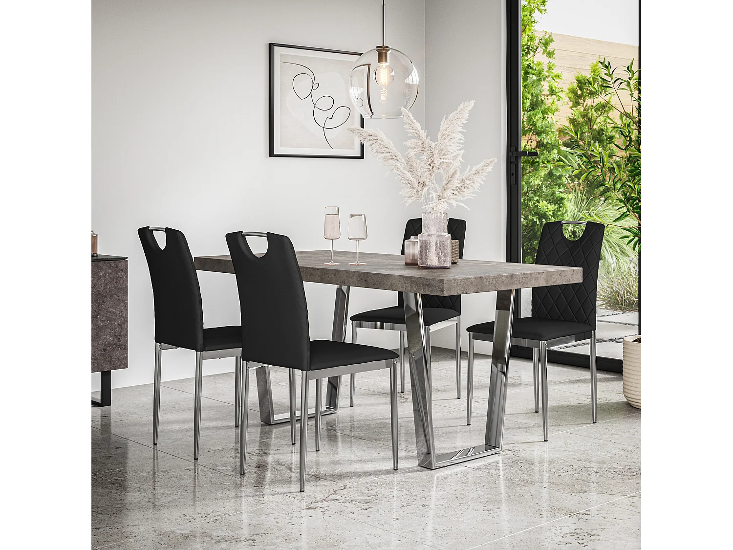 Aria Dining Table And Chairs -  Concrete Effect Table Top w Chrome Legs + Monza Faux Leather Dining Chair w Chrome Legs Set Of 6