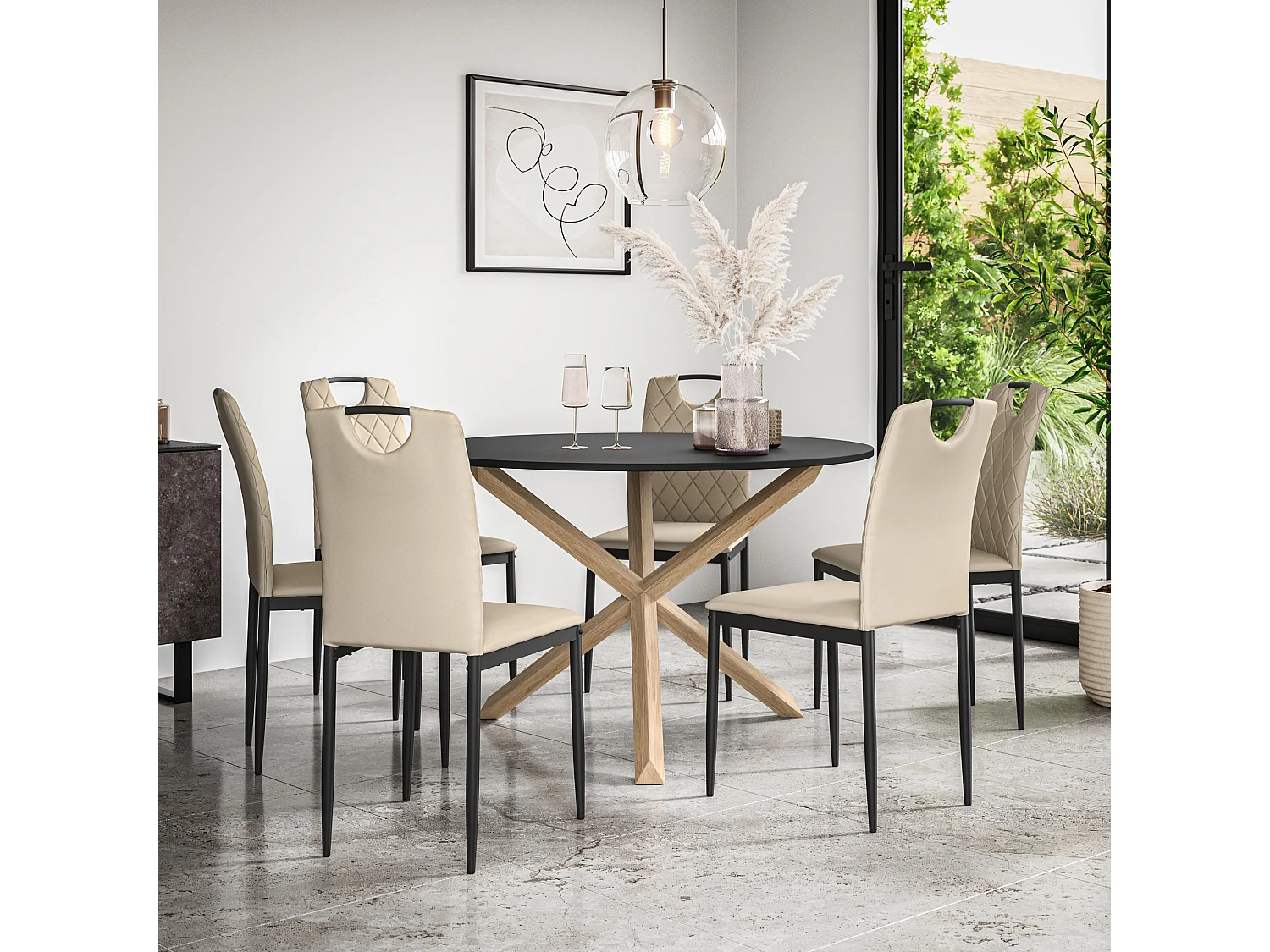 Malvern Round Dining Table And Chairs -  Black Table Top w Solid Oak Legs + Monza Faux Leather Dining Chair Set Of 6